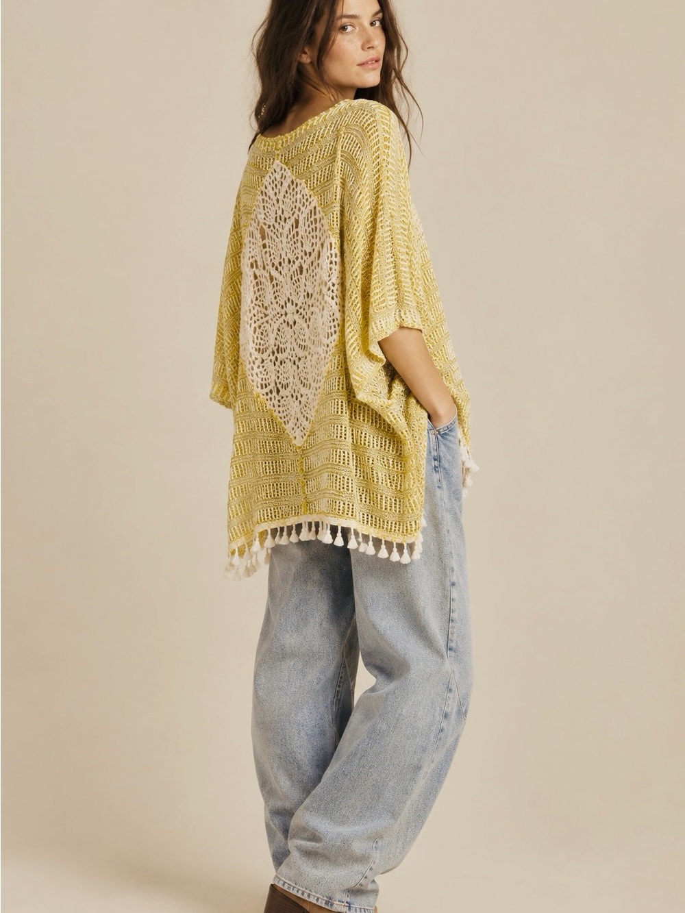 Kori America Crochet Cardigan Boho Fringe Open Knit Yellow Cream Cotton M/L